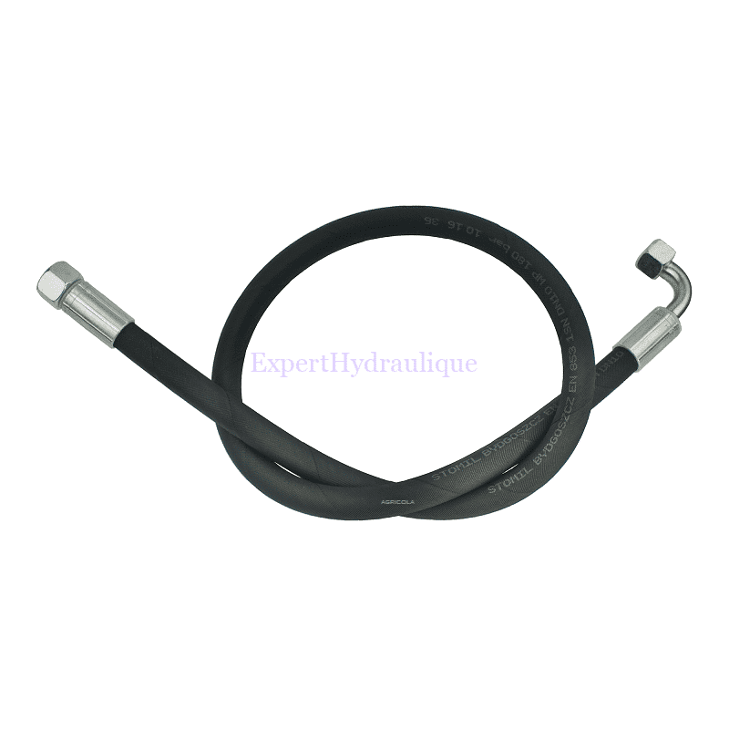 Flexible hydraulique avec un raccord Droit Femelle et un raccord coudé Femelle