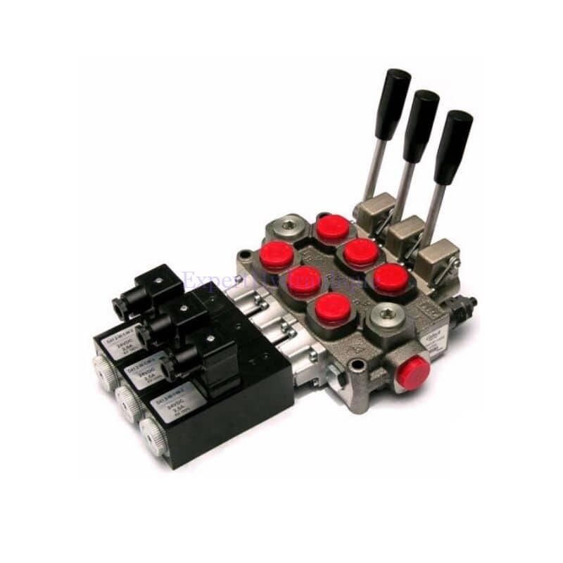 Distributeur à trois fonctions double effet, manuelle ou électrique, en 12 volts, délivrant 60 litres par minute.