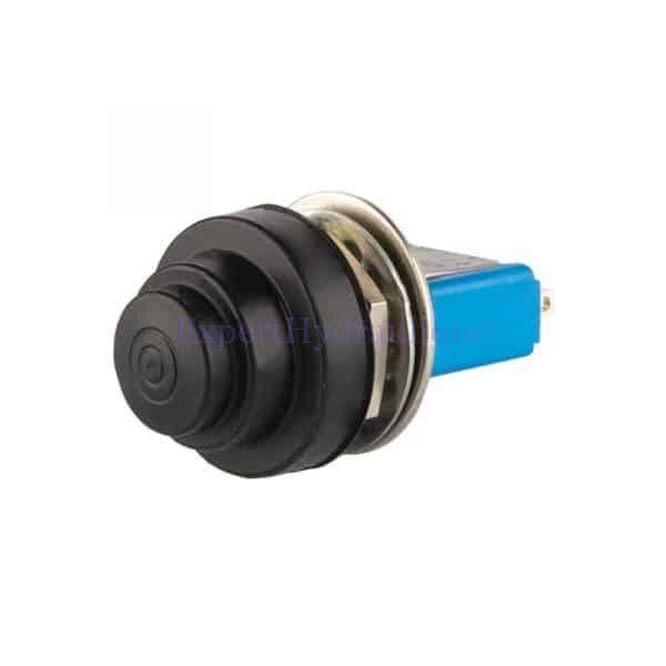 Bouton-poussoir momentané avec capuchon noir étanche pour joystick électrique.