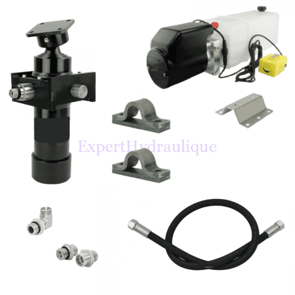 Kit hydraulique pour remorque 24 volts 5 tonnes course 700 avec une centrale de 24 volts, raccords et flexibles de 200mm.