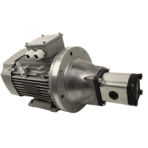 Moteur électrique accouplé avec une pompe hydraulique à implantations