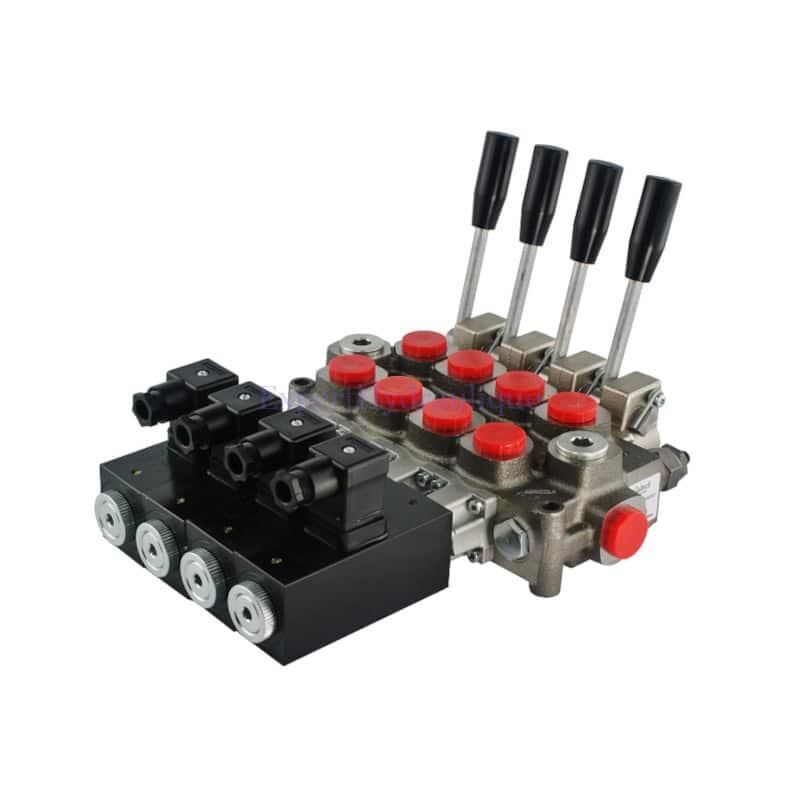 Distributeur à quatre fonctions double effet, manuelle ou électrique, en 12 volts, délivrant 60 litres par minute.