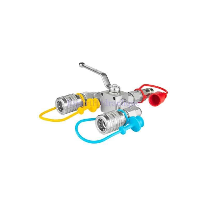 Vanne hydraulique 500 bars avec 3 sorties coupleurs ISO-A, deux femelle et un mâle.