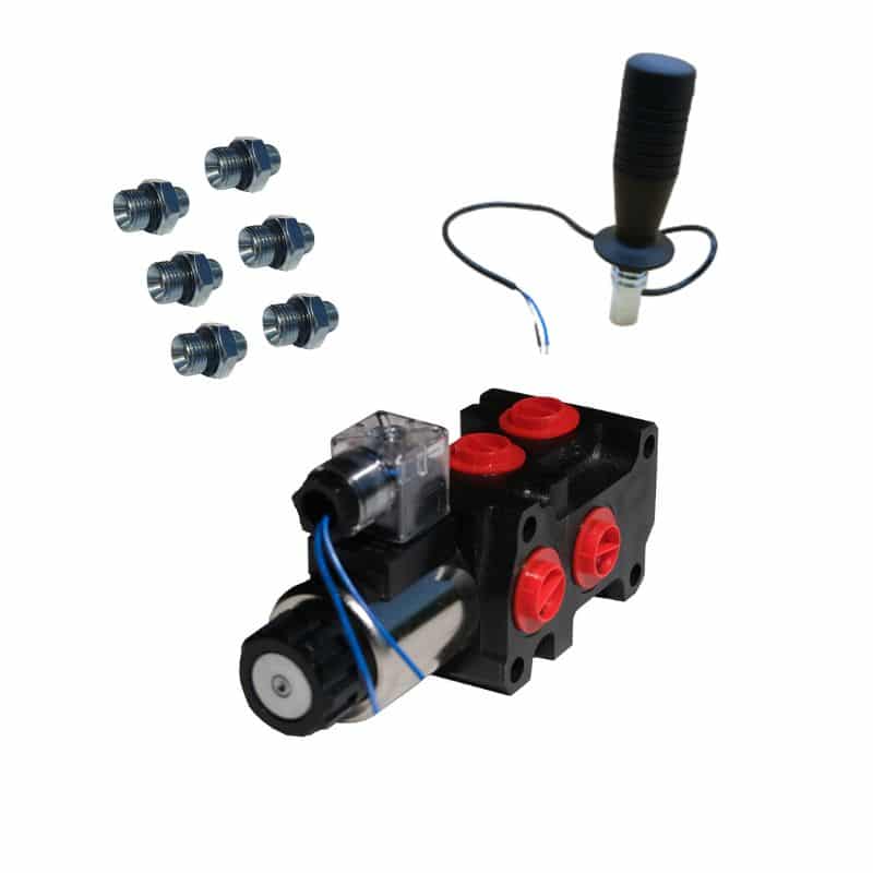 Kit-selecteur-et-joystick-avec-6-raccords-v2 Kit 1 sélecteur 1 joystick une fonction avec 6 raccords 12L et 1 prise Hirschmann.