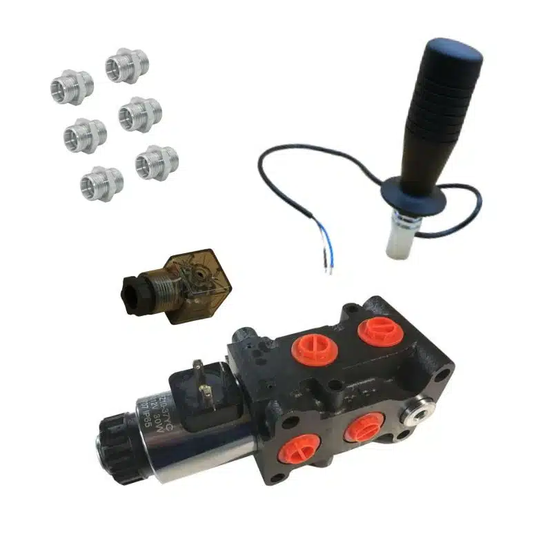 Kit 1 sélecteur 1 joystick une fonction avec 6 raccords 12L et 1 prise Hirschmann.