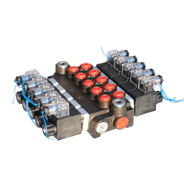 Distributeur 5 fonctions électrique double effet 12/24V 50L/min vue de droite.